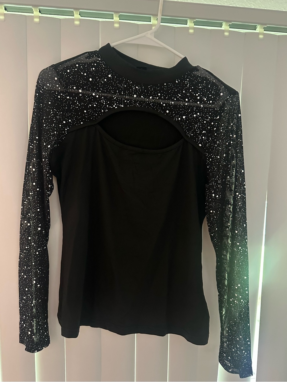 SHEIN Black Long-Sleeve Cutout Top with Glitter Mesh Overlay